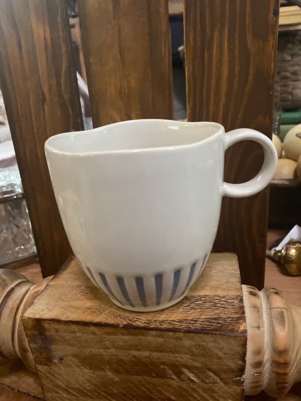 White Ceramic Pouring Cup with Blue Stripe Detail